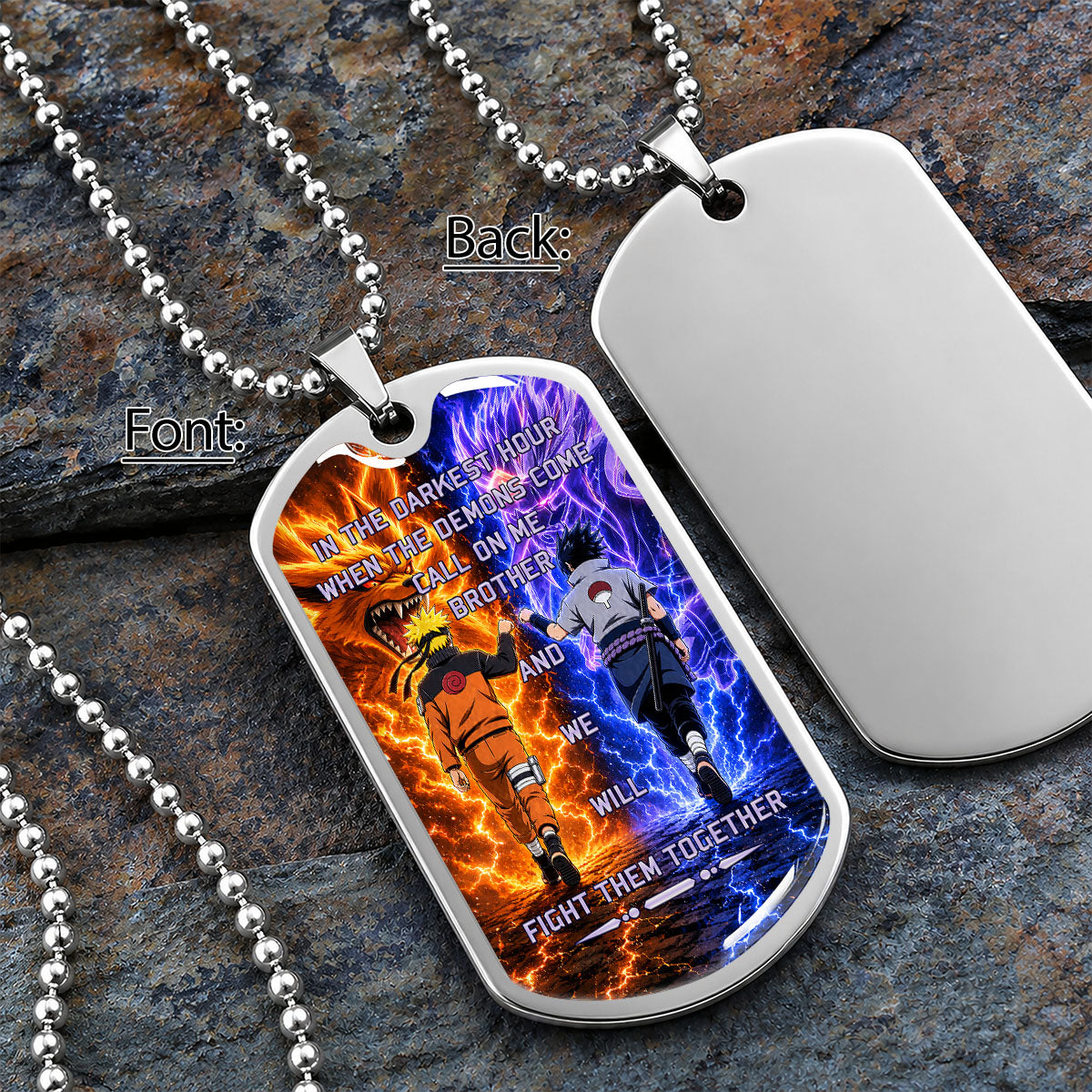 Personalized Naruto Uzumaki & Sasuke Uchiha Brother Dog Tag Necklace - Call On Me Brother - Stainless Steel Military Pendant Gift for Men - NADL005