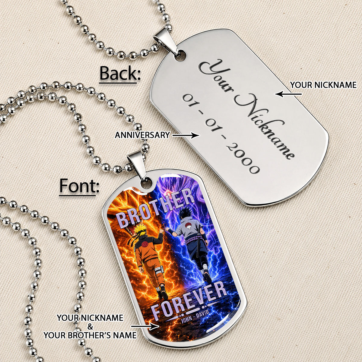Personalized Naruto Uzumaki & Sasuke Uchiha Brother Dog Tag Necklace - Brother Forever - Stainless Steel Military Pendant Gift for Men - NADL007