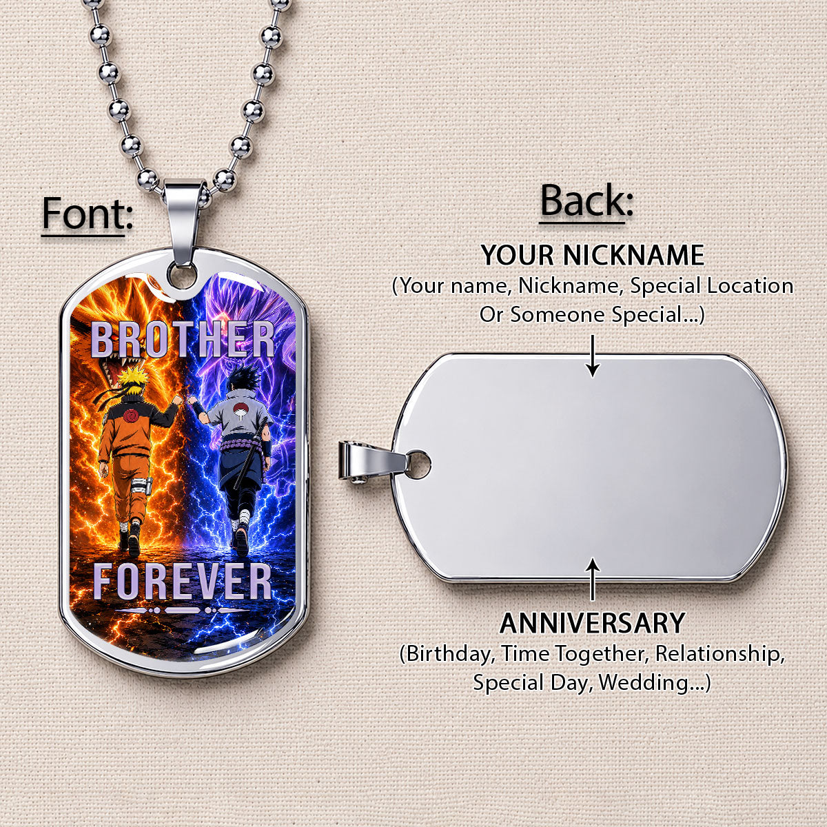 Personalized Naruto Uzumaki & Sasuke Uchiha Brother Dog Tag Necklace - Brother Forever - Stainless Steel Military Pendant Gift for Men - NADL007