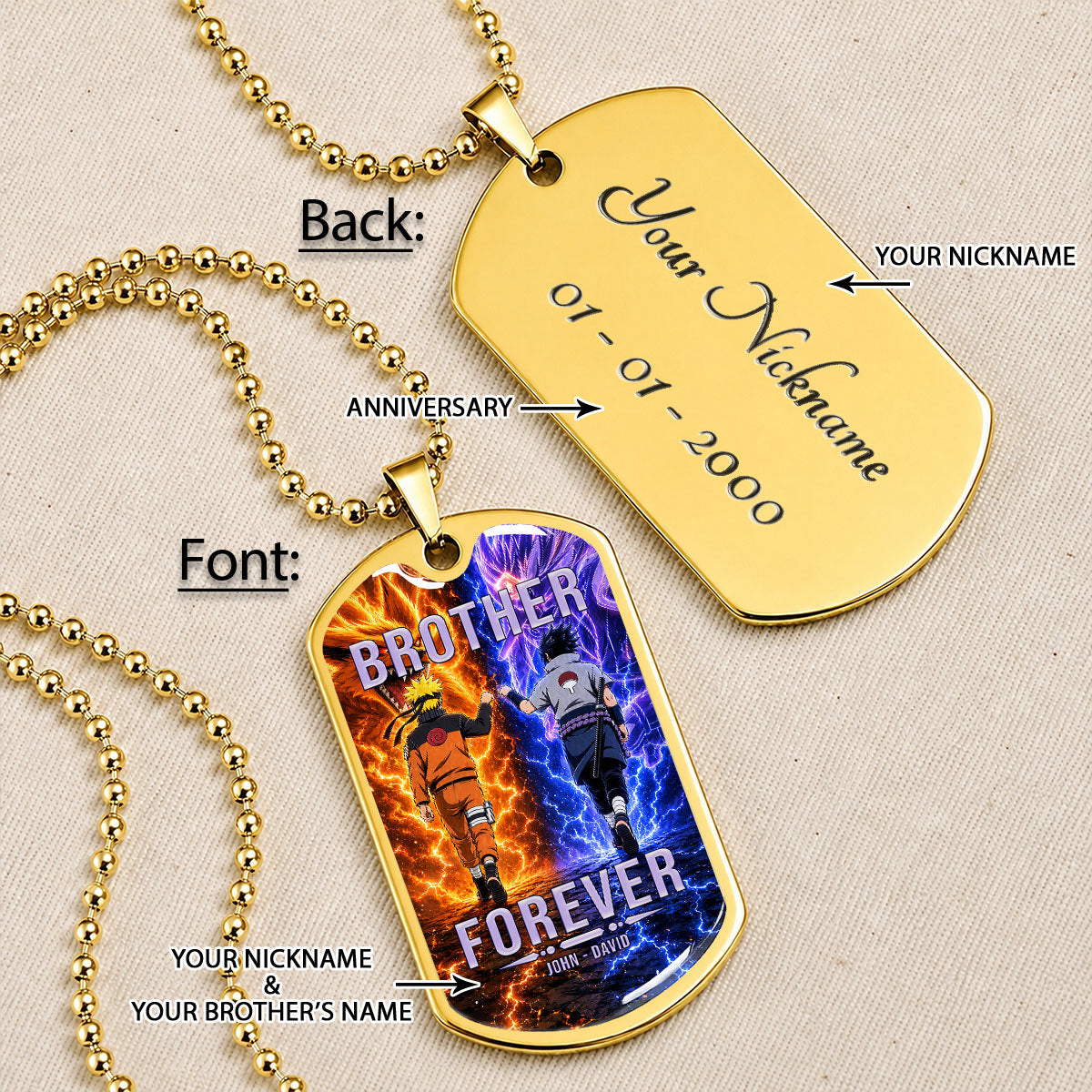 Personalized Naruto Uzumaki & Sasuke Uchiha Brother Dog Tag Necklace - Brother Forever - Stainless Steel Military Pendant Gift for Men - NADL007
