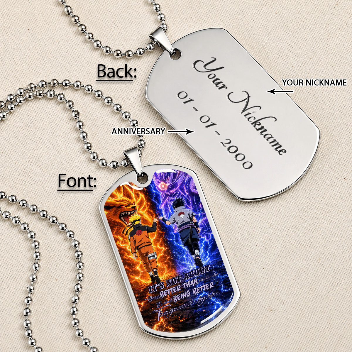 Personalized Naruto Uzumaki & Sasuke Uchiha Dog Tag Necklace - Better Than You Were The Day Before - Stainless Steel Military Pendant Gift for Men - NADL009