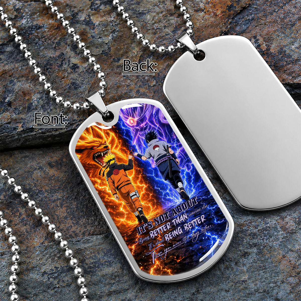Personalized Naruto Uzumaki & Sasuke Uchiha Dog Tag Necklace - Better Than You Were The Day Before - Stainless Steel Military Pendant Gift for Men - NADL009