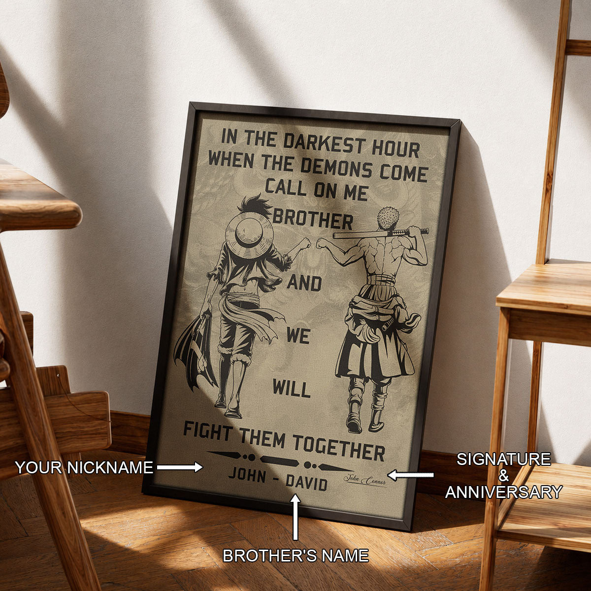 One Piece Luffy Zoro Canvas Wall Art - Call On Me Brother - Brotherhood Quote Poster & Framed Ready to Hang Living Room Man Cave Decor - OP001