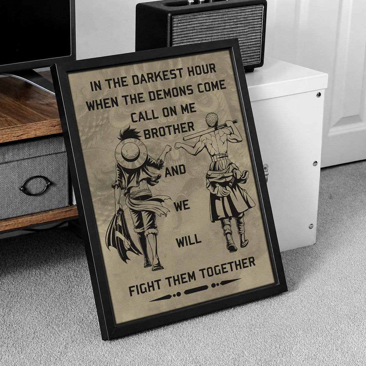 One Piece Luffy Zoro Canvas Wall Art - Call On Me Brother - Brotherhood Quote Poster & Framed Ready to Hang Living Room Man Cave Decor - OP001