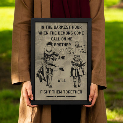 One Piece Luffy Zoro Canvas Wall Art - Call On Me Brother - Brotherhood Quote Poster & Framed Ready to Hang Living Room Man Cave Decor - OP001