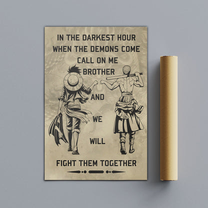 One Piece Luffy Zoro Canvas Wall Art - Call On Me Brother - Brotherhood Quote Poster & Framed Ready to Hang Living Room Man Cave Decor - OP001