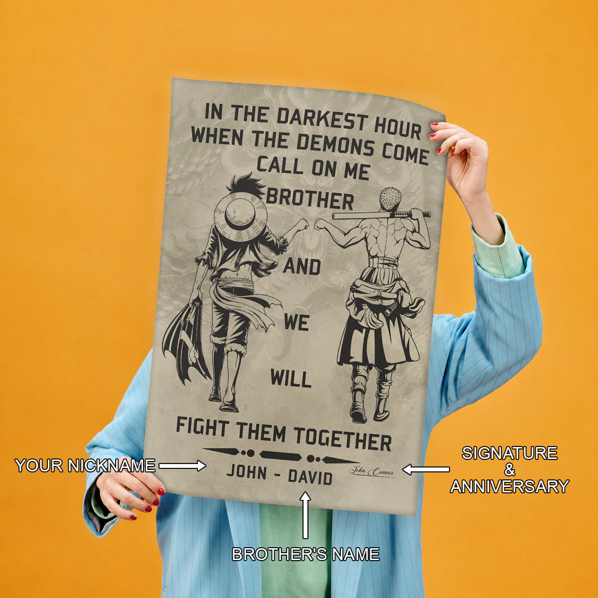 One Piece Luffy Zoro Canvas Wall Art - Call On Me Brother - Brotherhood Quote Poster & Framed Ready to Hang Living Room Man Cave Decor - OP001