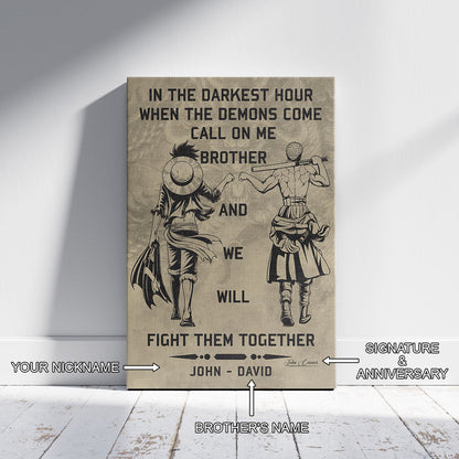 One Piece Luffy Zoro Canvas Wall Art - Call On Me Brother - Brotherhood Quote Poster & Framed Ready to Hang Living Room Man Cave Decor - OP001