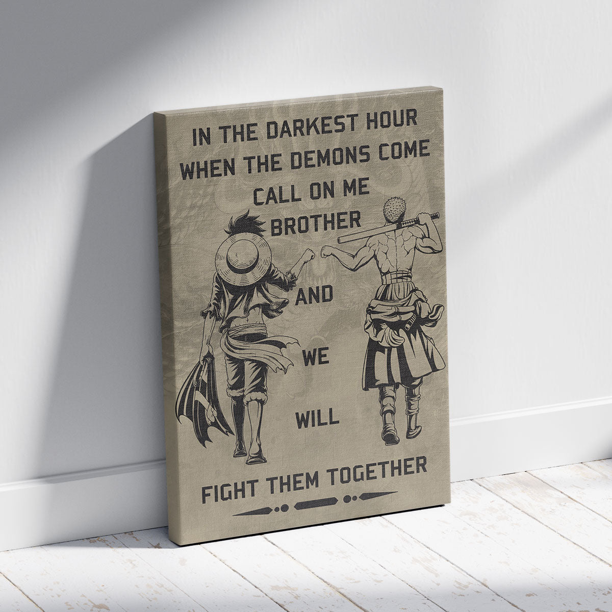 One Piece Luffy Zoro Canvas Wall Art - Call On Me Brother - Brotherhood Quote Poster & Framed Ready to Hang Living Room Man Cave Decor - OP001