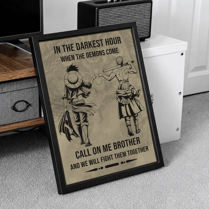 One Piece Luffy Zoro Canvas Wall Art - Call On Me Brother - Brotherhood Quote Poster & Framed Ready to Hang Living Room Man Cave Decor - OP002