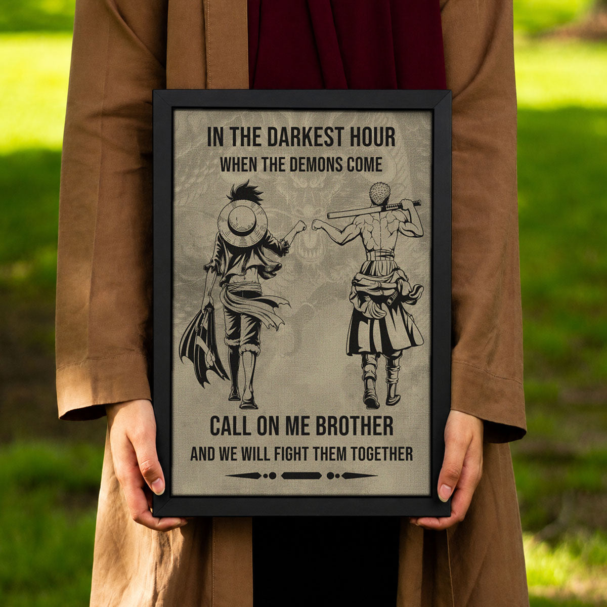 One Piece Luffy Zoro Canvas Wall Art - Call On Me Brother - Brotherhood Quote Poster & Framed Ready to Hang Living Room Man Cave Decor - OP002