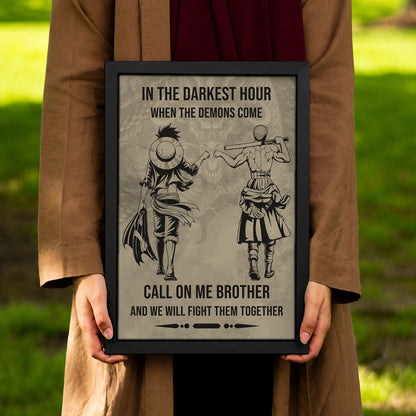 One Piece Luffy Zoro Canvas Wall Art - Call On Me Brother - Brotherhood Quote Poster & Framed Ready to Hang Living Room Man Cave Decor - OP002
