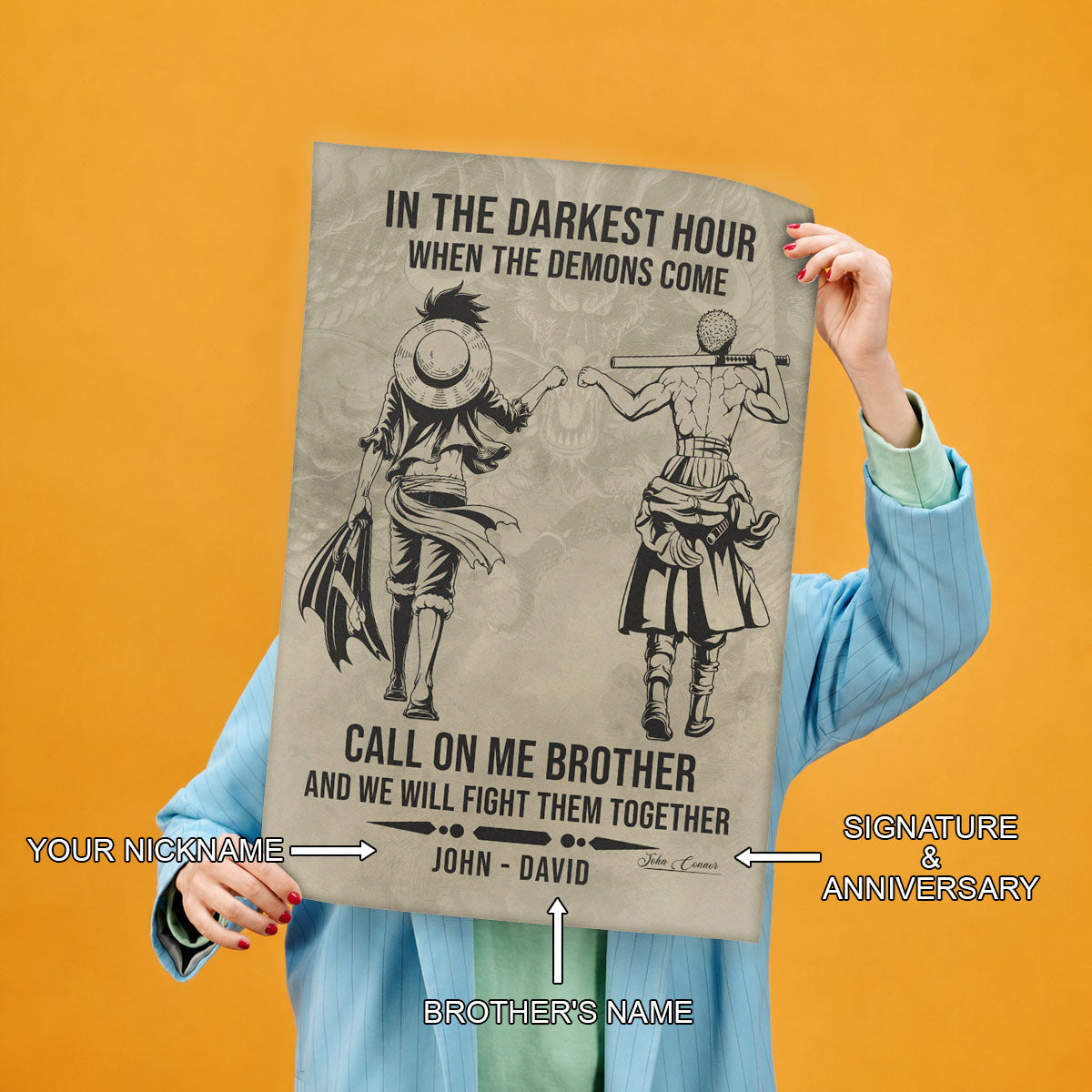 One Piece Luffy Zoro Canvas Wall Art - Call On Me Brother - Brotherhood Quote Poster & Framed Ready to Hang Living Room Man Cave Decor - OP002