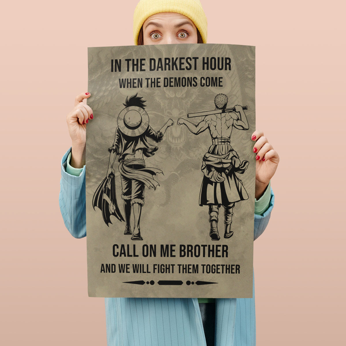 One Piece Luffy Zoro Canvas Wall Art - Call On Me Brother - Brotherhood Quote Poster & Framed Ready to Hang Living Room Man Cave Decor - OP002