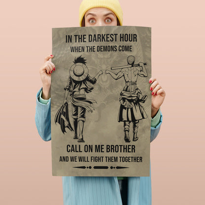 One Piece Luffy Zoro Canvas Wall Art - Call On Me Brother - Brotherhood Quote Poster & Framed Ready to Hang Living Room Man Cave Decor - OP002