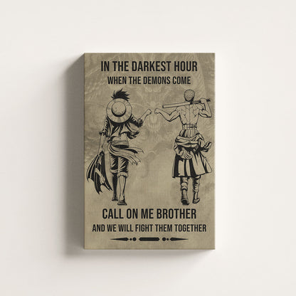 One Piece Luffy Zoro Canvas Wall Art - Call On Me Brother - Brotherhood Quote Poster & Framed Ready to Hang Living Room Man Cave Decor - OP002