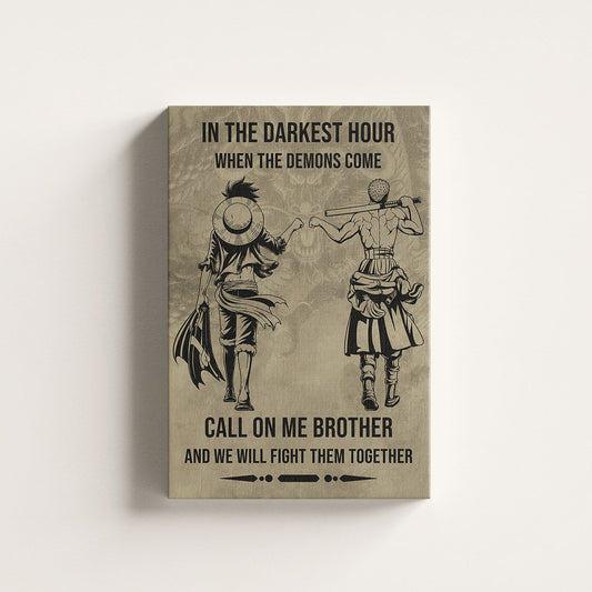 One Piece Luffy Zoro Canvas Wall Art - Call On Me Brother - Brotherhood Quote Poster & Framed Ready to Hang Living Room Man Cave Decor - OP002
