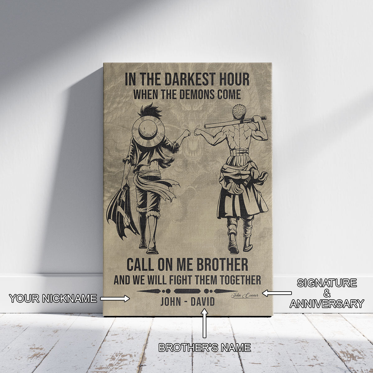 One Piece Luffy Zoro Canvas Wall Art - Call On Me Brother - Brotherhood Quote Poster & Framed Ready to Hang Living Room Man Cave Decor - OP002