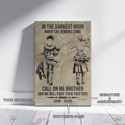 One Piece Luffy Zoro Canvas Wall Art - Call On Me Brother - Brotherhood Quote Poster & Framed Ready to Hang Living Room Man Cave Decor - OP002