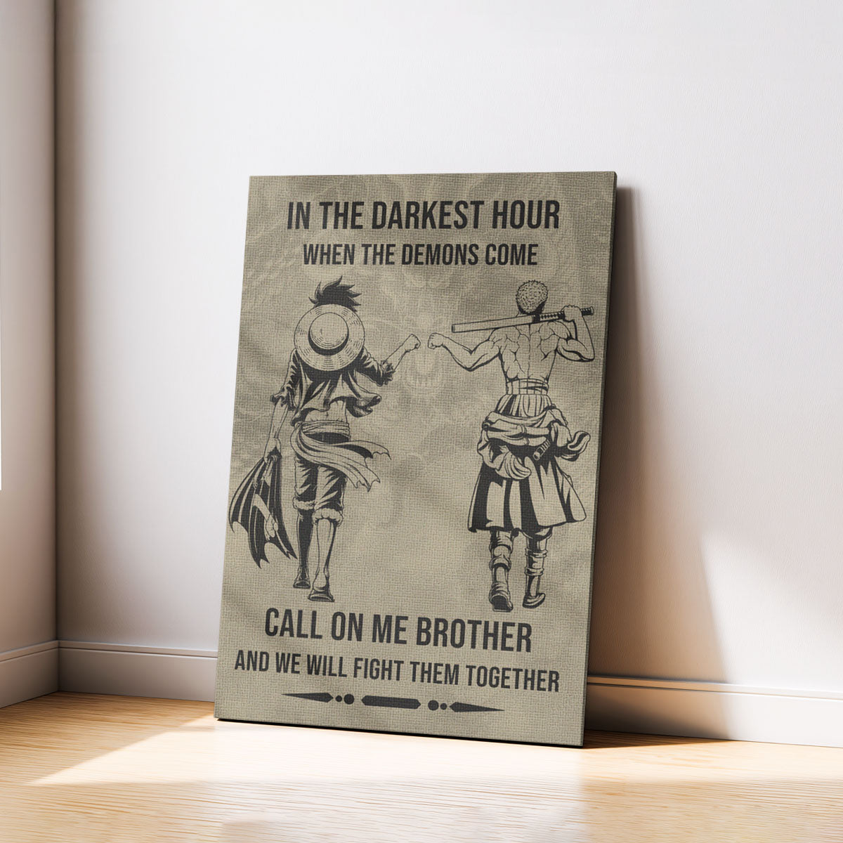 One Piece Luffy Zoro Canvas Wall Art - Call On Me Brother - Brotherhood Quote Poster & Framed Ready to Hang Living Room Man Cave Decor - OP002