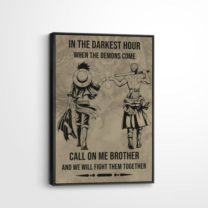One Piece Luffy Zoro Canvas Wall Art - Call On Me Brother - Brotherhood Quote Poster & Framed Ready to Hang Living Room Man Cave Decor - OP002