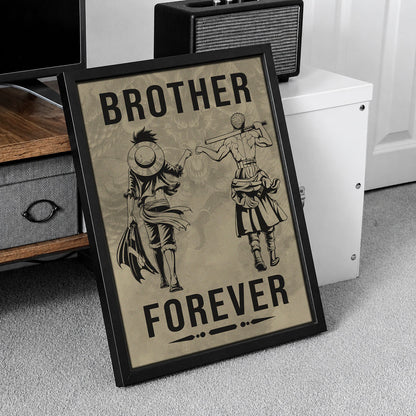 One Piece Luffy Zoro Canvas Wall Art - Brother Forever - Brotherhood Quote Poster & Framed Ready to Hang Living Room Man Cave Decor - OP003