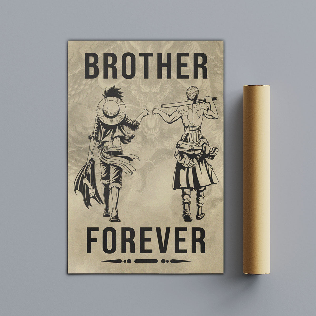 One Piece Luffy Zoro Canvas Wall Art - Brother Forever - Brotherhood Quote Poster & Framed Ready to Hang Living Room Man Cave Decor - OP003