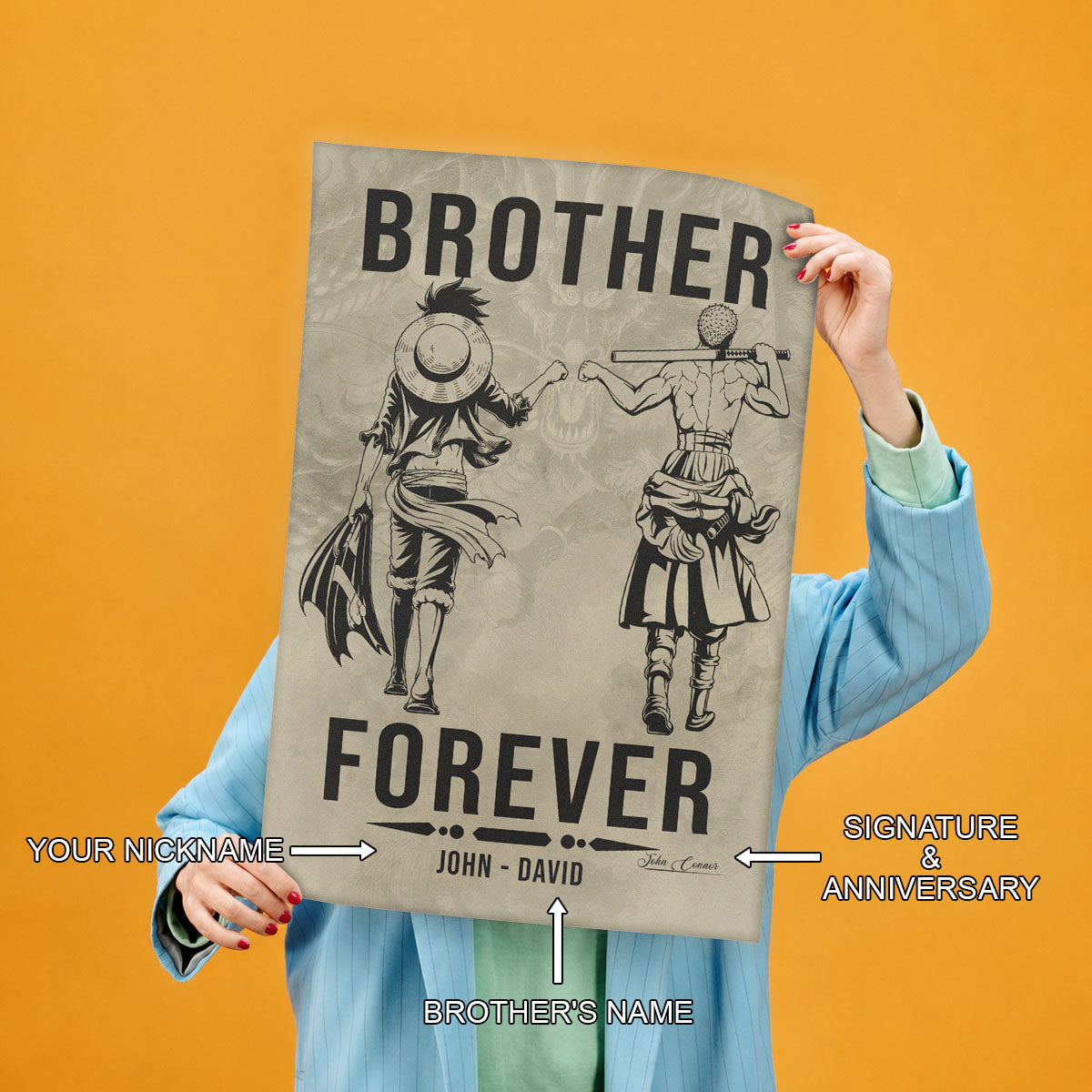 One Piece Luffy Zoro Canvas Wall Art - Brother Forever - Brotherhood Quote Poster & Framed Ready to Hang Living Room Man Cave Decor - OP003