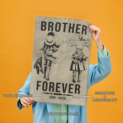 One Piece Luffy Zoro Canvas Wall Art - Brother Forever - Brotherhood Quote Poster & Framed Ready to Hang Living Room Man Cave Decor - OP003