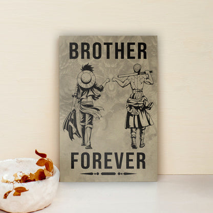 One Piece Luffy Zoro Canvas Wall Art - Brother Forever - Brotherhood Quote Poster & Framed Ready to Hang Living Room Man Cave Decor - OP003