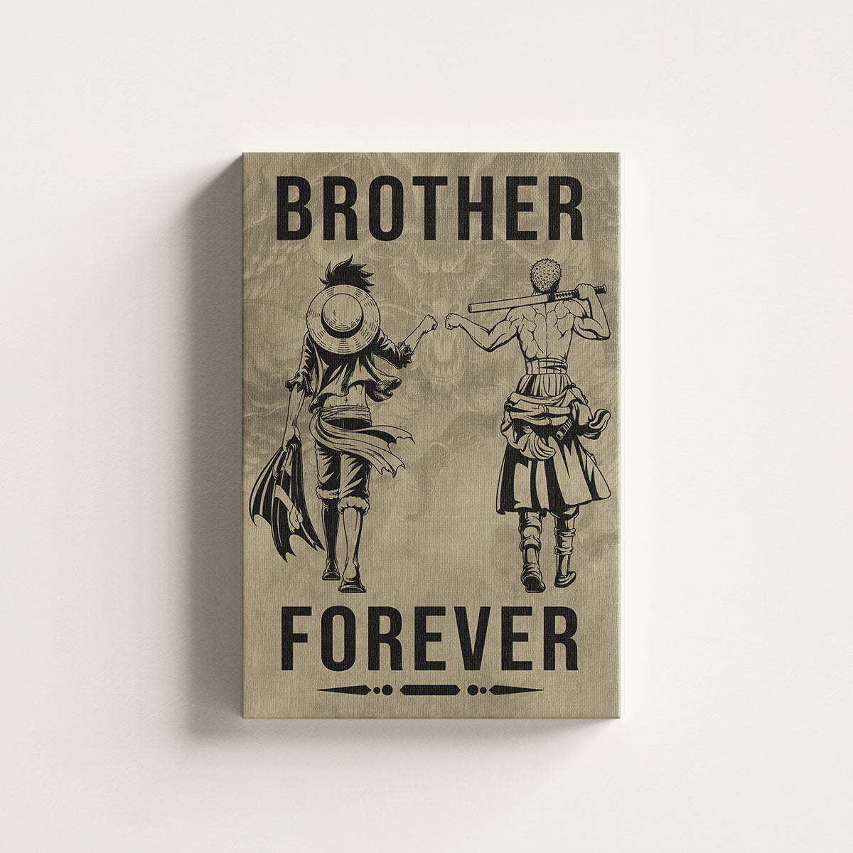 One Piece Luffy Zoro Canvas Wall Art - Brother Forever - Brotherhood Quote Poster & Framed Ready to Hang Living Room Man Cave Decor - OP003