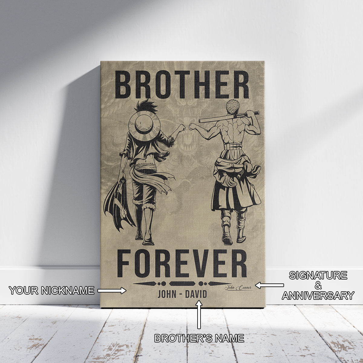 One Piece Luffy Zoro Canvas Wall Art - Brother Forever - Brotherhood Quote Poster & Framed Ready to Hang Living Room Man Cave Decor - OP003