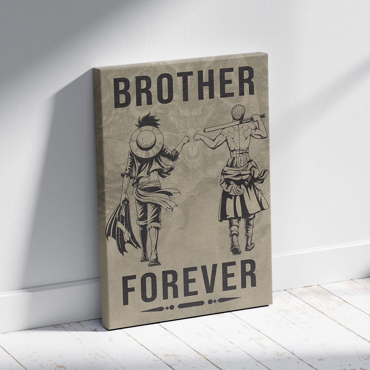 One Piece Luffy Zoro Canvas Wall Art - Brother Forever - Brotherhood Quote Poster & Framed Ready to Hang Living Room Man Cave Decor - OP003