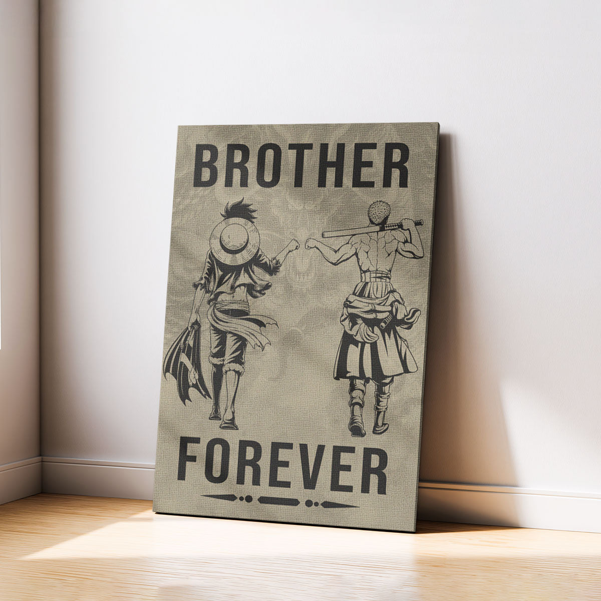 One Piece Luffy Zoro Canvas Wall Art - Brother Forever - Brotherhood Quote Poster & Framed Ready to Hang Living Room Man Cave Decor - OP003