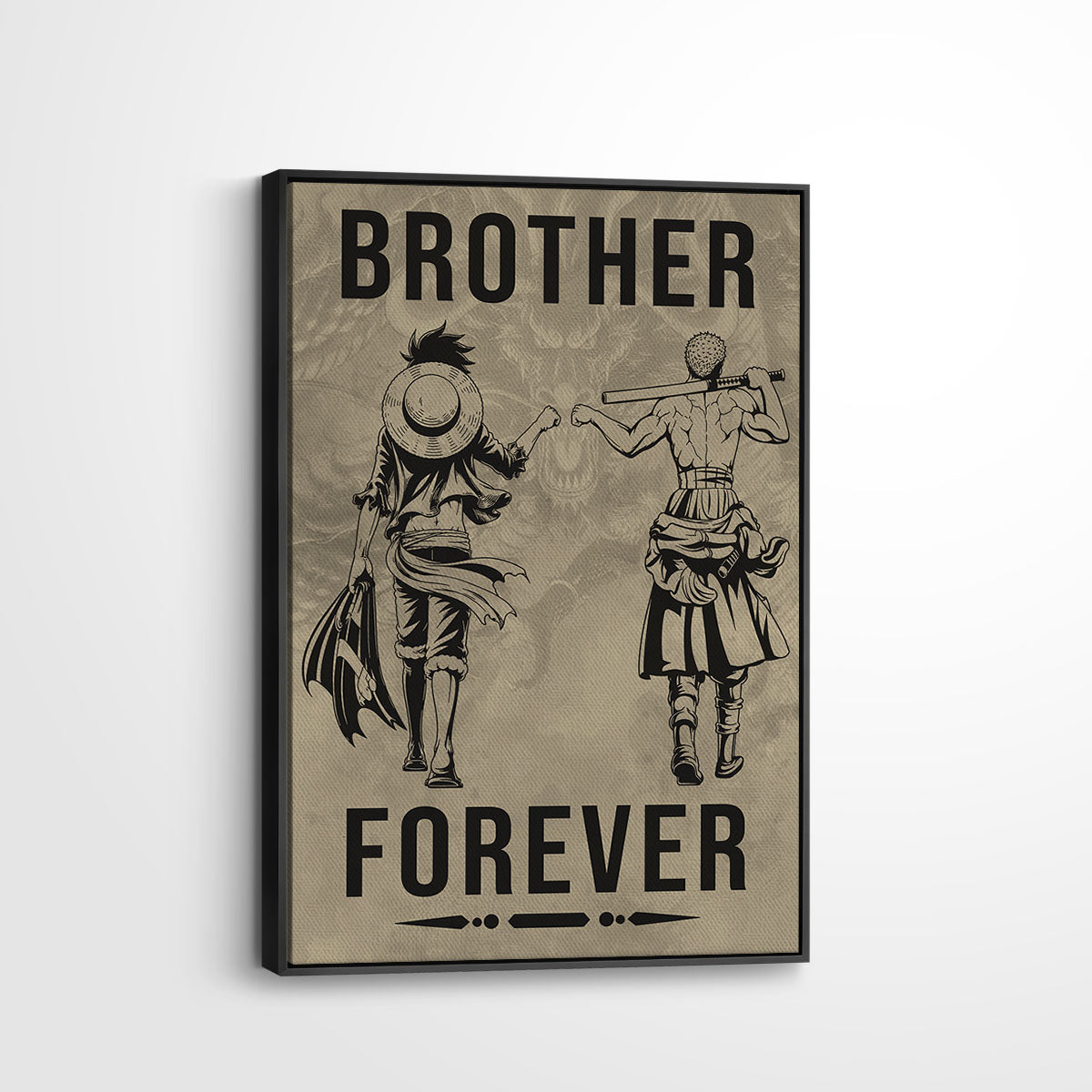 One Piece Luffy Zoro Canvas Wall Art - Brother Forever - Brotherhood Quote Poster & Framed Ready to Hang Living Room Man Cave Decor - OP003