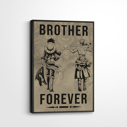 One Piece Luffy Zoro Canvas Wall Art - Brother Forever - Brotherhood Quote Poster & Framed Ready to Hang Living Room Man Cave Decor - OP003