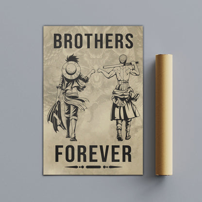 One Piece Luffy Zoro Canvas Wall Art - Brothers Forever - Brotherhood Quote Poster & Framed Ready to Hang Living Room Man Cave Decor - OP004