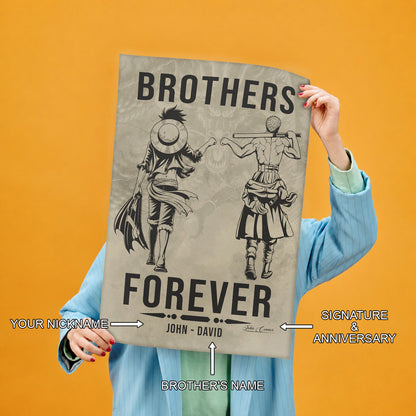 One Piece Luffy Zoro Canvas Wall Art - Brothers Forever - Brotherhood Quote Poster & Framed Ready to Hang Living Room Man Cave Decor - OP004