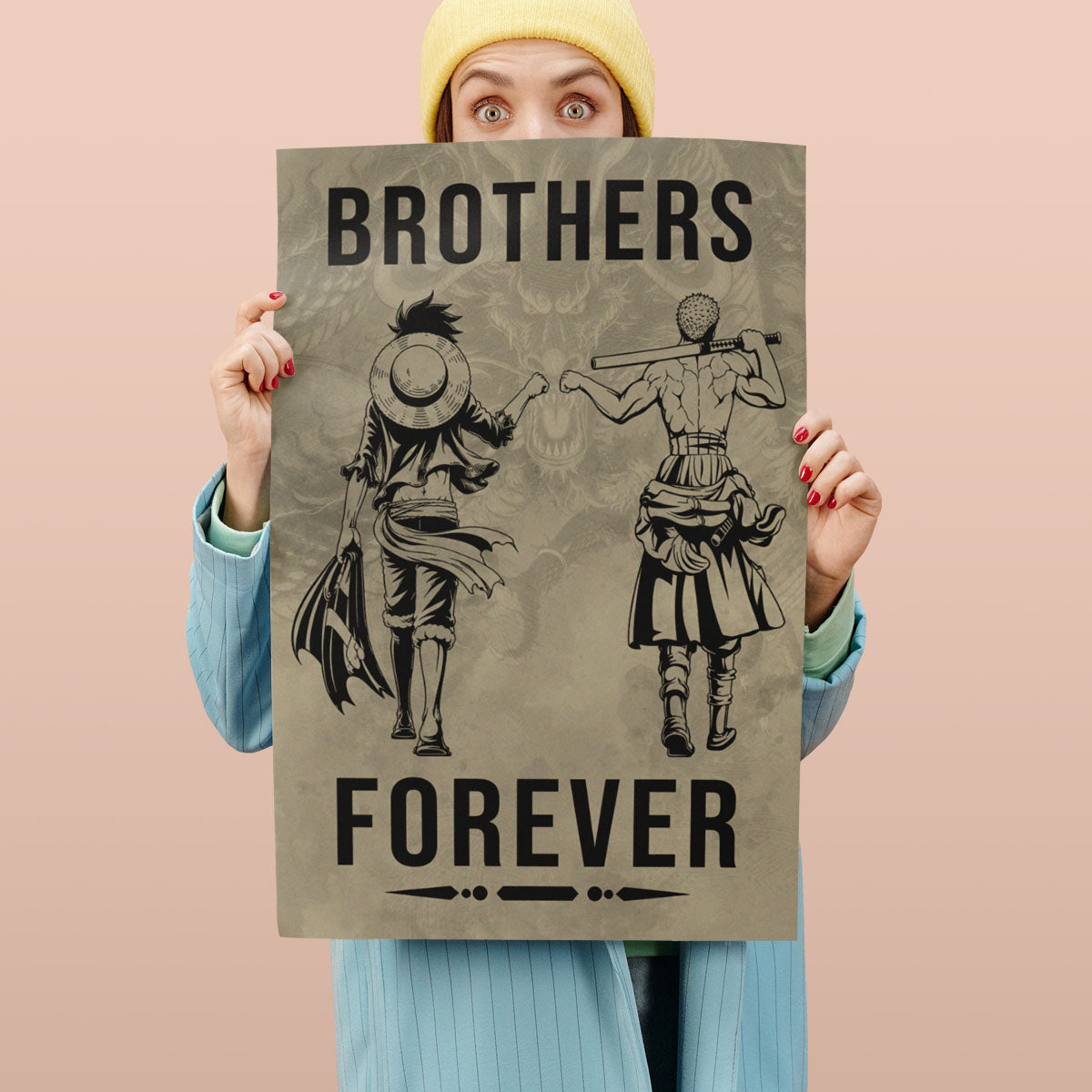 One Piece Luffy Zoro Canvas Wall Art - Brothers Forever - Brotherhood Quote Poster & Framed Ready to Hang Living Room Man Cave Decor - OP004