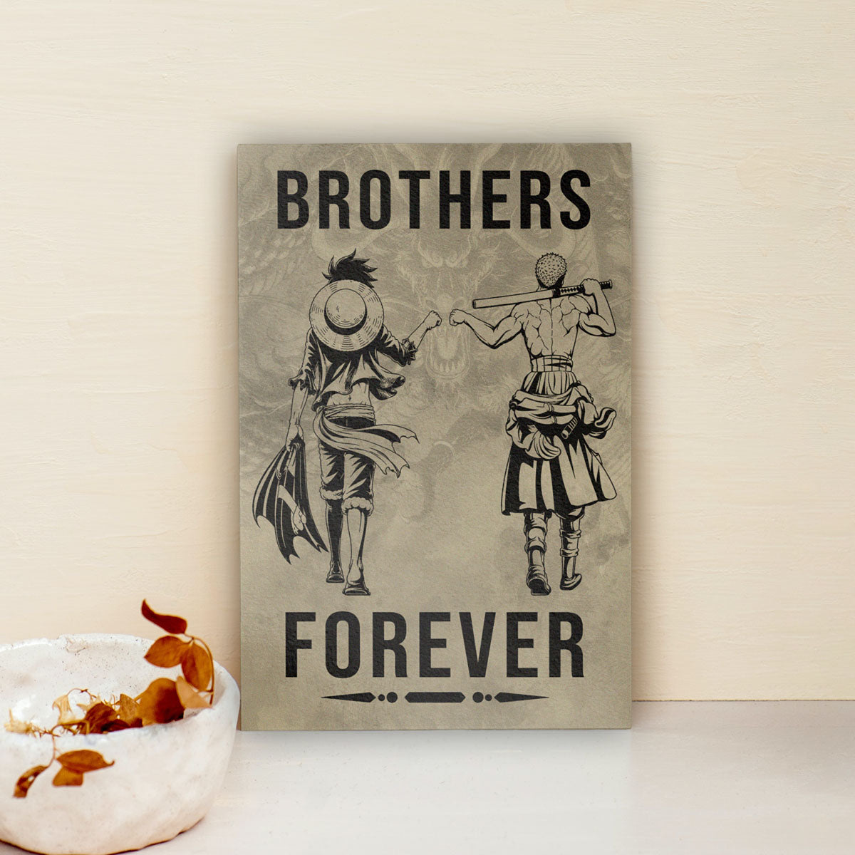 One Piece Luffy Zoro Canvas Wall Art - Brothers Forever - Brotherhood Quote Poster & Framed Ready to Hang Living Room Man Cave Decor - OP004