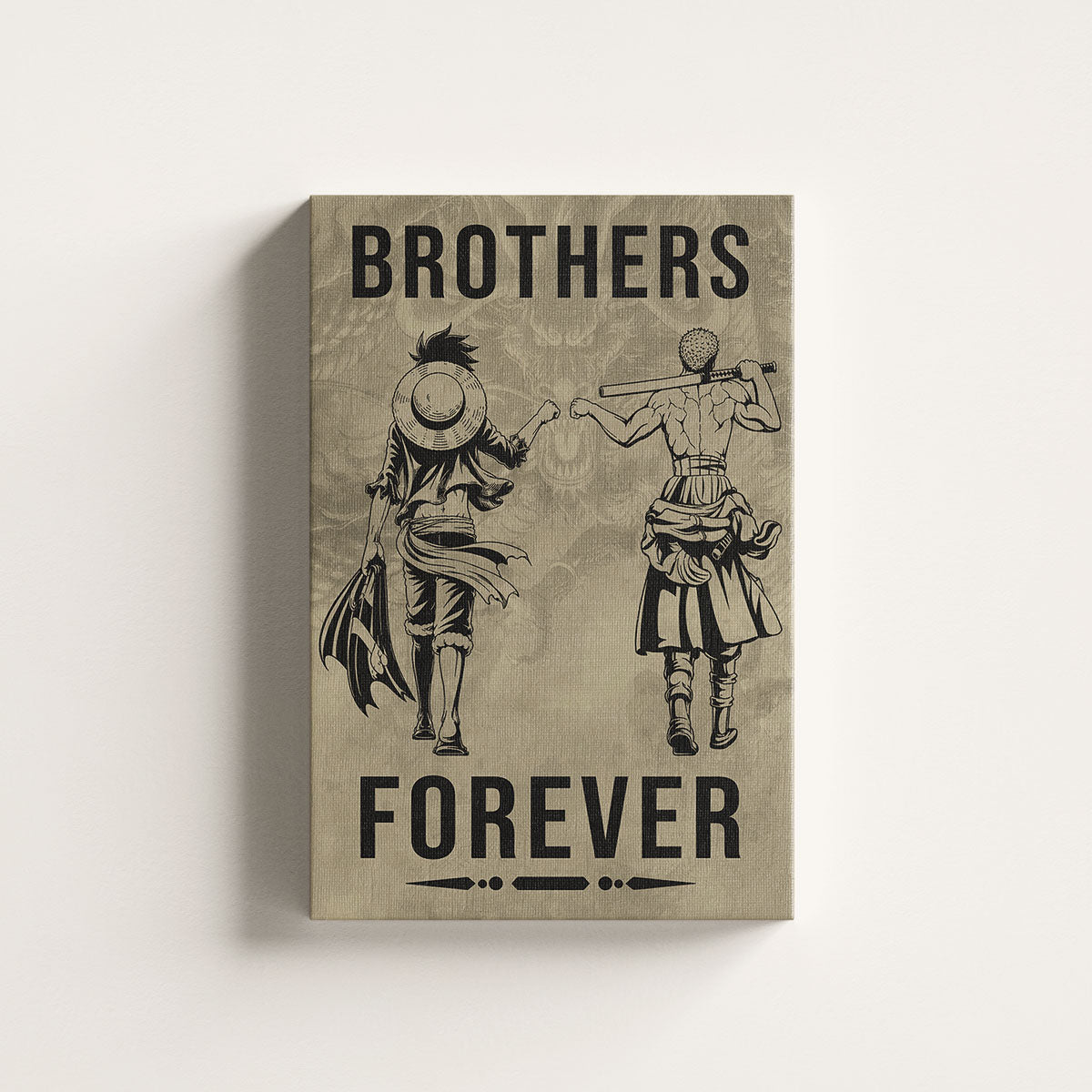 One Piece Luffy Zoro Canvas Wall Art - Brothers Forever - Brotherhood Quote Poster & Framed Ready to Hang Living Room Man Cave Decor - OP004