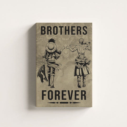 One Piece Luffy Zoro Canvas Wall Art - Brothers Forever - Brotherhood Quote Poster & Framed Ready to Hang Living Room Man Cave Decor - OP004