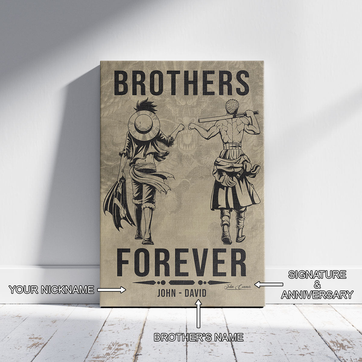 One Piece Luffy Zoro Canvas Wall Art - Brothers Forever - Brotherhood Quote Poster & Framed Ready to Hang Living Room Man Cave Decor - OP004