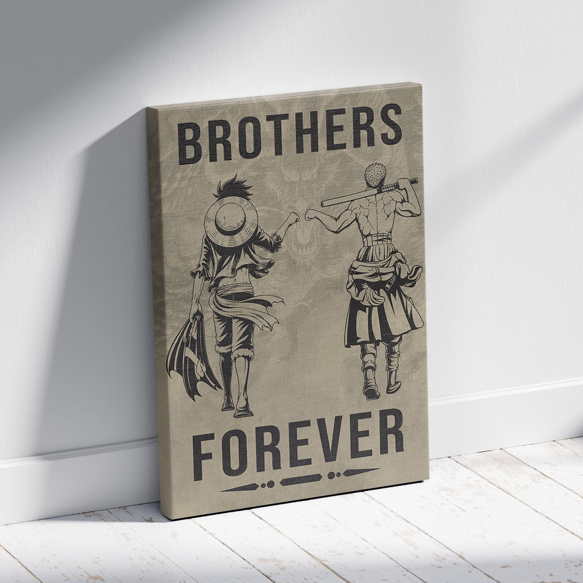 One Piece Luffy Zoro Canvas Wall Art - Brothers Forever - Brotherhood Quote Poster & Framed Ready to Hang Living Room Man Cave Decor - OP004