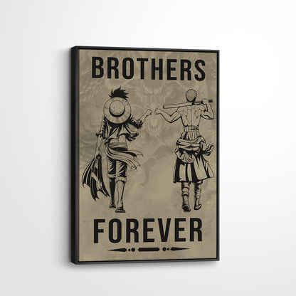 One Piece Luffy Zoro Canvas Wall Art - Brothers Forever - Brotherhood Quote Poster & Framed Ready to Hang Living Room Man Cave Decor - OP004
