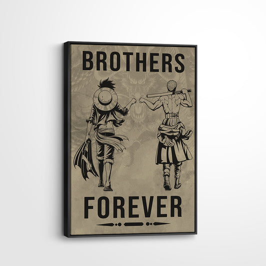 One Piece Luffy Zoro Canvas Wall Art - Brothers Forever - Brotherhood Quote Poster & Framed Ready to Hang Living Room Man Cave Decor - OP004