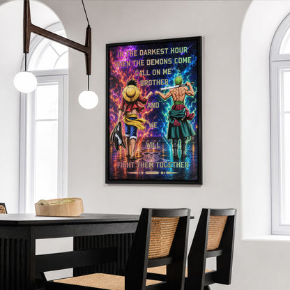 One Piece Luffy Zoro Canvas Wall Art - Call On Me Brother - Brotherhood Quote Poster & Framed Ready to Hang Living Room Man Cave Decor - OP005