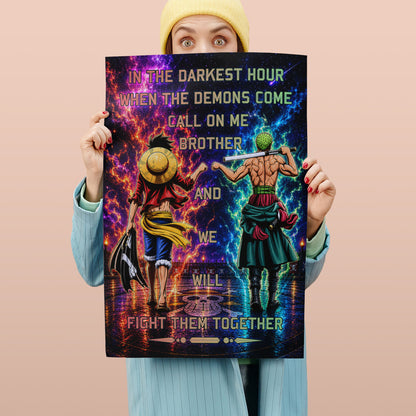 One Piece Luffy Zoro Canvas Wall Art - Call On Me Brother - Brotherhood Quote Poster & Framed Ready to Hang Living Room Man Cave Decor - OP005