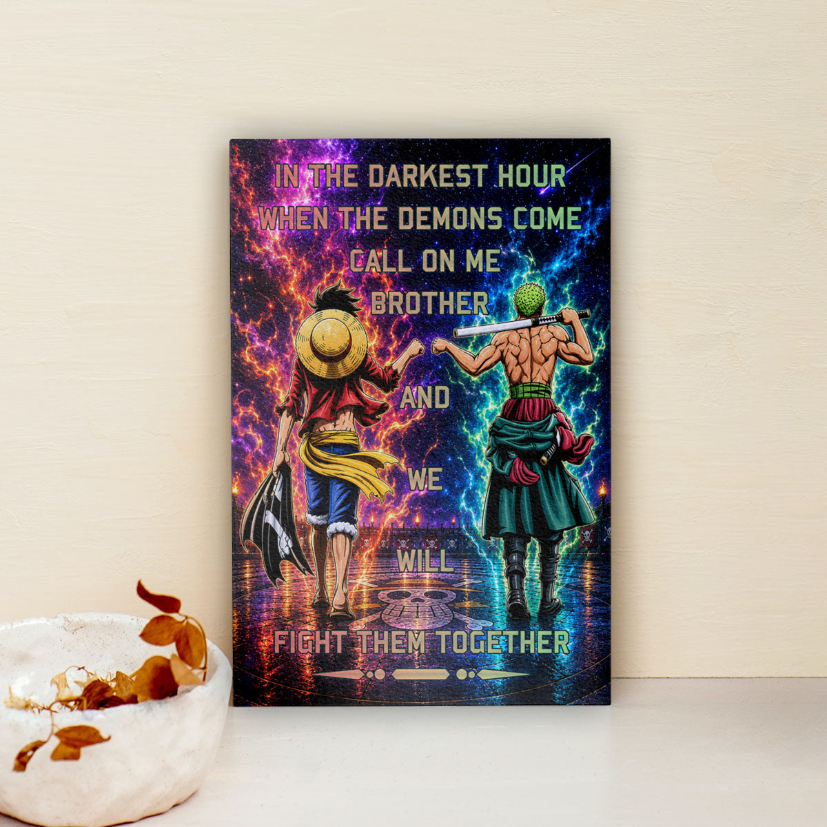 One Piece Luffy Zoro Canvas Wall Art - Call On Me Brother - Brotherhood Quote Poster & Framed Ready to Hang Living Room Man Cave Decor - OP005