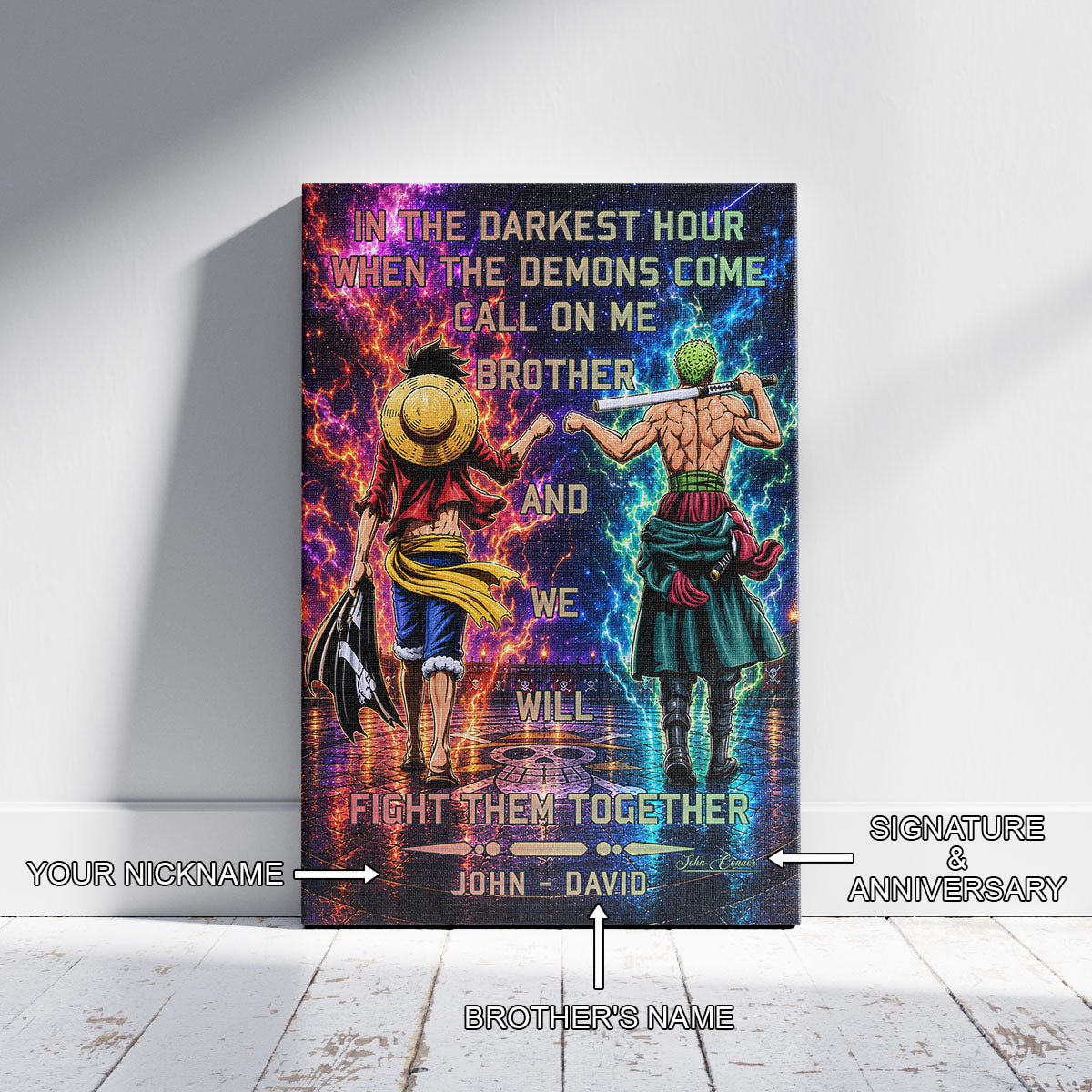 One Piece Luffy Zoro Canvas Wall Art - Call On Me Brother - Brotherhood Quote Poster & Framed Ready to Hang Living Room Man Cave Decor - OP005